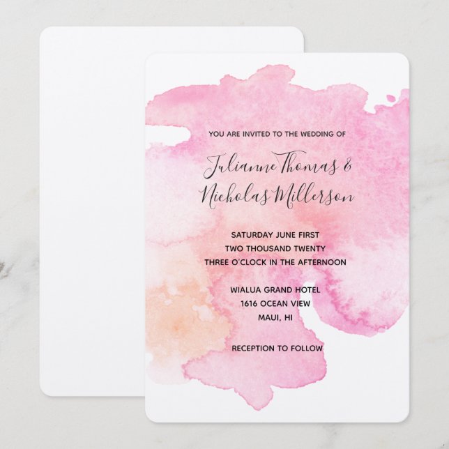Pretty Pink Peach Watercolor Wedding Invites (Front/Back)