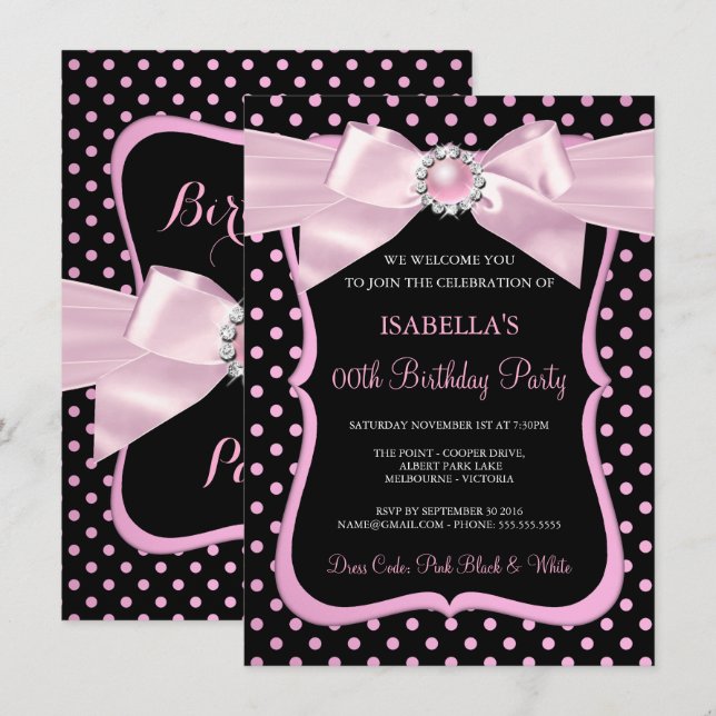 Pretty Pink Pearl Bow Black Polka Dot Birthday Invitation (Front/Back)