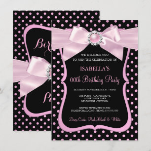 Pretty Pink Pearl Bow Black Polka Dot Birthday Invitation