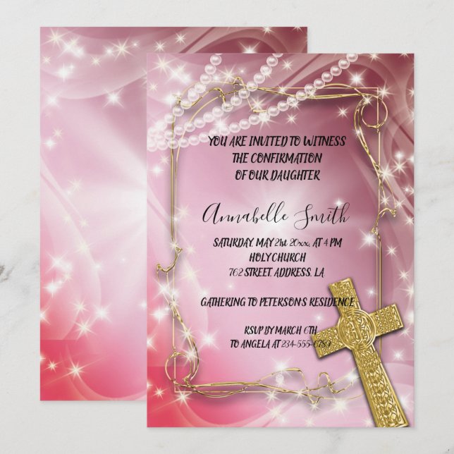 Pretty Pink Pearl Cross  CONFIRMATION Invitation (Front/Back)