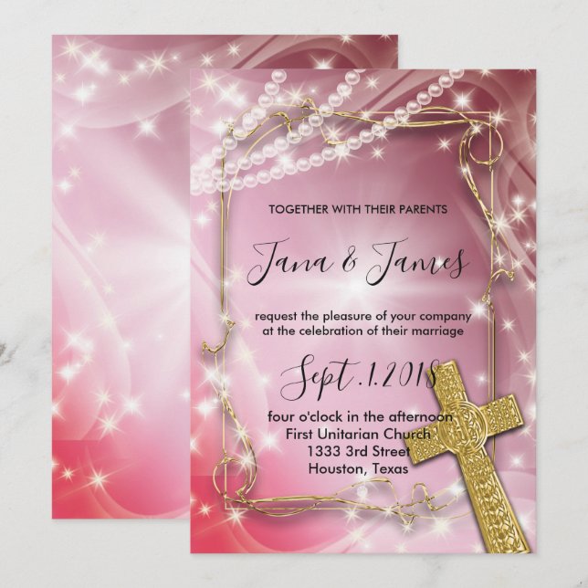 Pretty Pink Pearl Cross wedding Invitation (Front/Back)