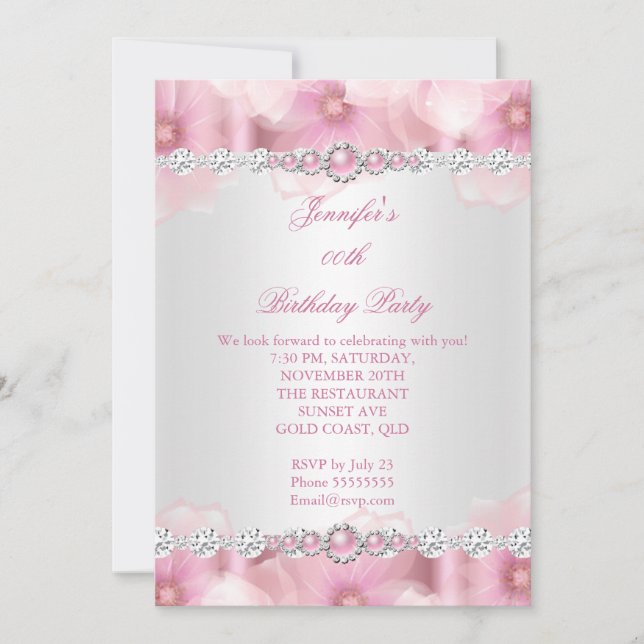 Pretty Pink Pearl White Flowers Birthday Party 3 Invitation (Front)