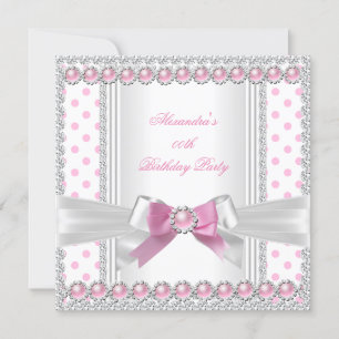 Pretty Pink Pearl White Polka Dots Birthday Party Invitation