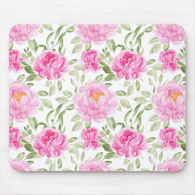 Pretty Pink Peonies and Greenery Floral Pattern Mouse Mat (Front)
