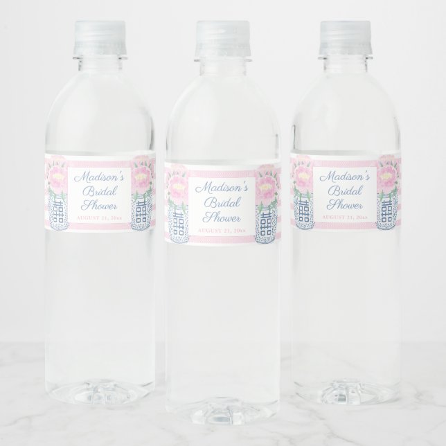 Pretty Pink Peonies Bridal Shower Party Water Bottle Label (Bottles)
