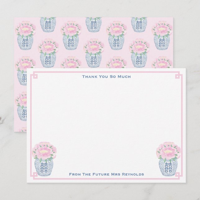 Pretty Pink Peonies Ginger Jar Bridal Shower Thank You Card (Front/Back)