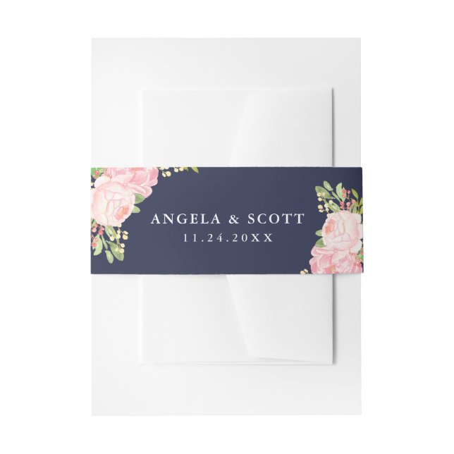 Pretty Pink Peonies on Navy Blue Belly Bands Invitation Belly Band (Front Example)
