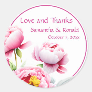 Pretty Pink Peonies on White Wedding Classic Round Sticker