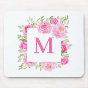 Pretty Pink Peonies Square Floral Frame Monogram Mouse Mat