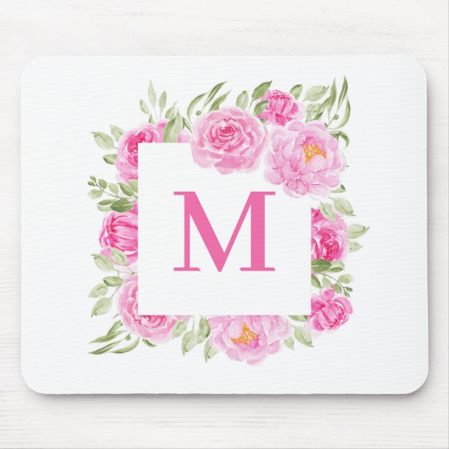 Pretty Pink Peonies Square Floral Frame Monogram Mouse Mat (Front)