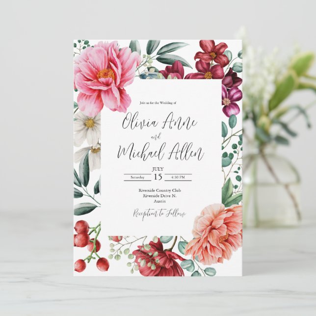Pretty Pink Peonies Watercolor Floral Wedding Invitation (Standing Front)