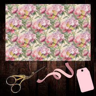 Pretty Pink Peony and Golden Dragonflies Vintage Tissue Paper