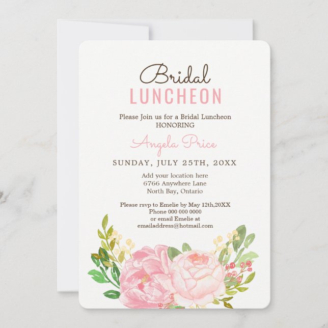 Pretty Pink Peony Bridal Luncheon Invitations (Front)