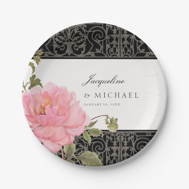 Pretty Pink Peony Classy Swirl Scroll Iron Fence Paper Plate (Front)