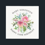 Pretty Pink Peony Floral 50th Birthday Napkin<br><div class="desc">Elegant 50th birthday party personalised napkin. Pink watercolor peonies take centre stage. The birthday person's name is curved above and Happy 50th Birthday is curved below. A do-it-yourself project that creates a beautiful product quickly.</div>
