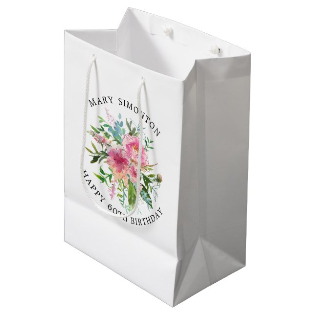 Pretty Pink Peony Floral 60th Birthday Medium Gift Bag (Front Angled)