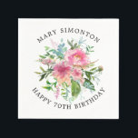 Pretty Pink Peony Floral 70th Birthday Napkin<br><div class="desc">Elegant 70th birthday party personalised napkin. Pink watercolor peonies take centre stage. The birthday person's name is curved above and Happy 70th Birthday is curved below. A do-it-yourself project that creates a beautiful product quickly.</div>