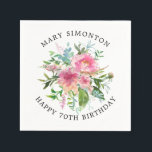 Pretty Pink Peony Floral 70th Birthday Napkin<br><div class="desc">Elegant 70th birthday party personalised napkin. Pink watercolor peonies take centre stage. The birthday person's name is curved above and Happy 70th Birthday is curved below. A do-it-yourself project that creates a beautiful product quickly.</div>