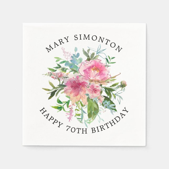 Pretty Pink Peony Floral 70th Birthday Napkin (Front)