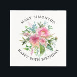 Pretty Pink Peony Floral 80th Birthday Napkin<br><div class="desc">Elegant 80th birthday party personalised napkin. Pink watercolor peonies take centre stage. The birthday person's name is curved above and Happy 80th Birthday is curved below. A do-it-yourself project that creates a beautiful product quickly.</div>