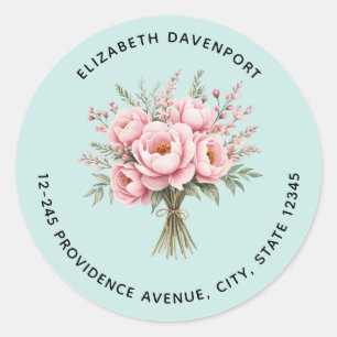 Pretty Pink Peony Flower Bouquet Address Classic Round Sticker