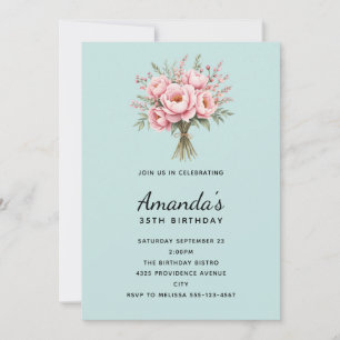 Pretty Pink Peony Flower Bouquet Birthday Invitation