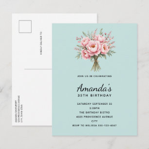 Pretty Pink Peony Flower Bouquet Birthday Invitation Postcard