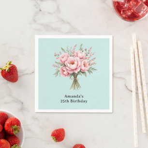 Pretty Pink Peony Flower Bouquet Birthday Napkin