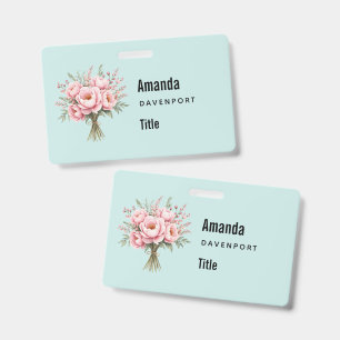Pretty Pink Peony Flower Bouquet Business ID Badge