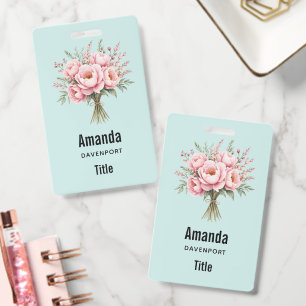 Pretty Pink Peony Flower Bouquet Business ID Badge