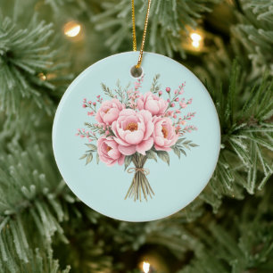 Pretty Pink Peony Flower Bouquet Ceramic Tree Decoration