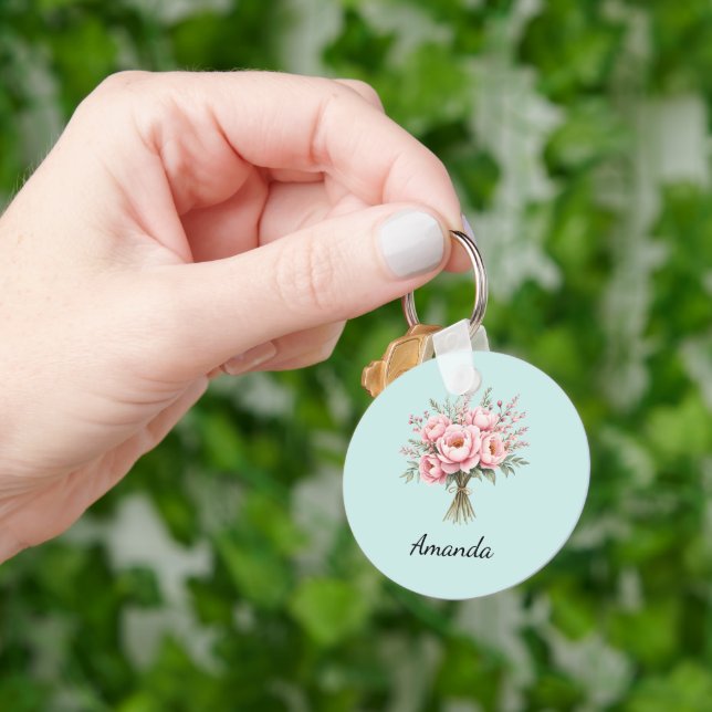 Pretty Pink Peony Flower Bouquet Key Ring (Hand)