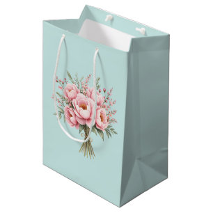 Pretty Pink Peony Flower Bouquet Medium Gift Bag