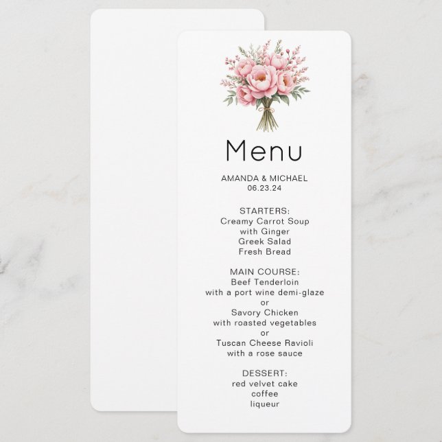 Pretty Pink Peony Flower Bouquet Menu Invitation (Front/Back)