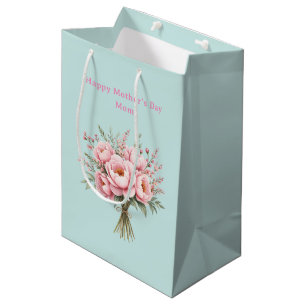 Pretty Pink Peony Flower Bouquet Mother's Day Medium Gift Bag