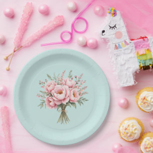Pretty Pink Peony Flower Bouquet Paper Plate