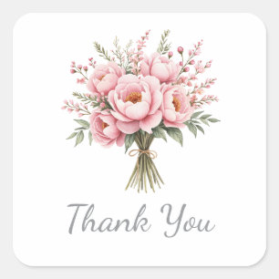Pretty Pink Peony Flower Bouquet Thank You Wedding Square Sticker