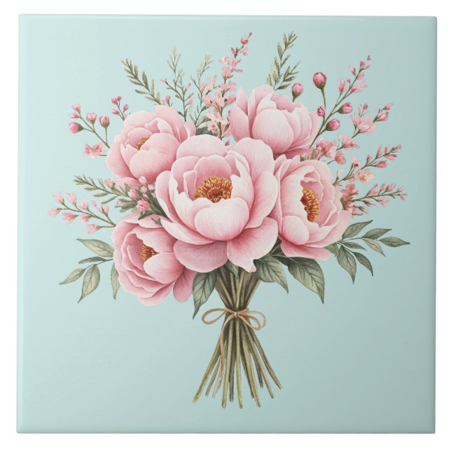 Pretty Pink Peony Flower Bouquet Tile (Front)