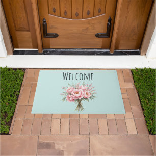 Pretty Pink Peony Flower Bouquet Welcome Doormat
