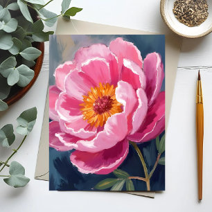 Pretty Pink Peony Flower Painting Watercolor Postcard