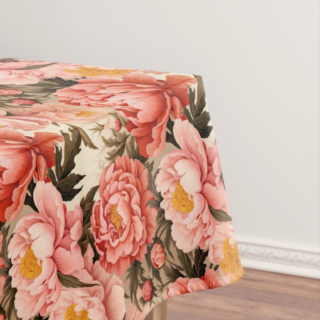 Pretty Pink Peony Vintage Floral Pattern Tablecloth (In Situ)
