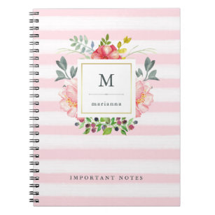 Pretty Pink Peony Watercolor Flowers with Stripes Notebook