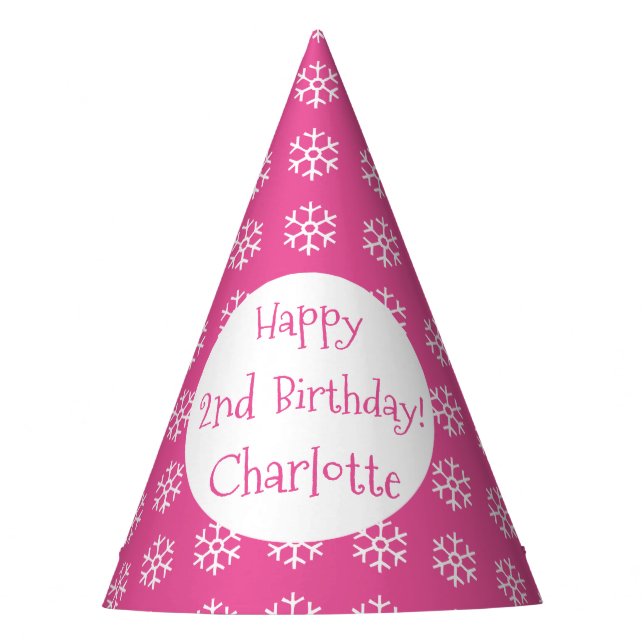 Pretty Pink Personalised Snowflake Winter Birthday Party Hat (Front)