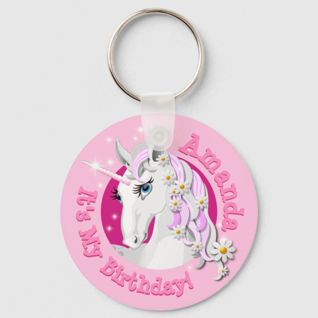 Pretty Pink Personalised Unicorn Birthday Party Cl Key Ring (Front)