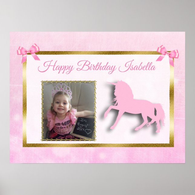 Pretty Pink Personalised Unicorn Rainbow Banner Poster (Front)