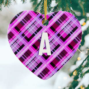 Pretty Pink Plaid Modern Tartan Monogram Christmas Ceramic Tree Decoration