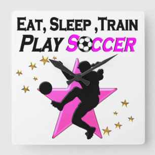 PRETTY PINK PLAYING SOCCER DESIGN SQUARE WALL CLOCK