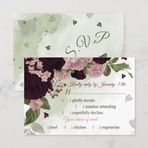 pretty pink plum burgundy flower green meal choice RSVP card