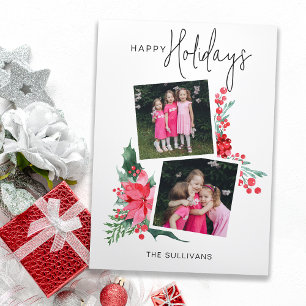 Pretty Pink Poinsettia & Holly 2-Photo Holiday Card