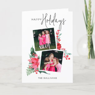 Pretty Pink Poinsettia & Holly 2-Photo Holiday Card